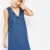 ASOS Denim V-Neck Tunic Dress With Raw Hem