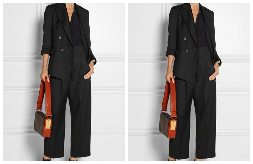 Temperley London Isaac Double-Breasted Wool Blazer ($1275), Isaac Wool-Twill Vest ($575), and Isaac Wide-Leg Pants ($595)