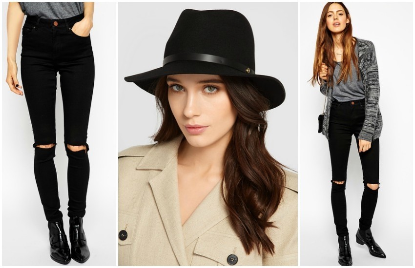 ASOS Ridley Skinny Jeans in Clean Black with Busted Knees // RAG &amp; BONE Leather-trimmed wool-felt fedora