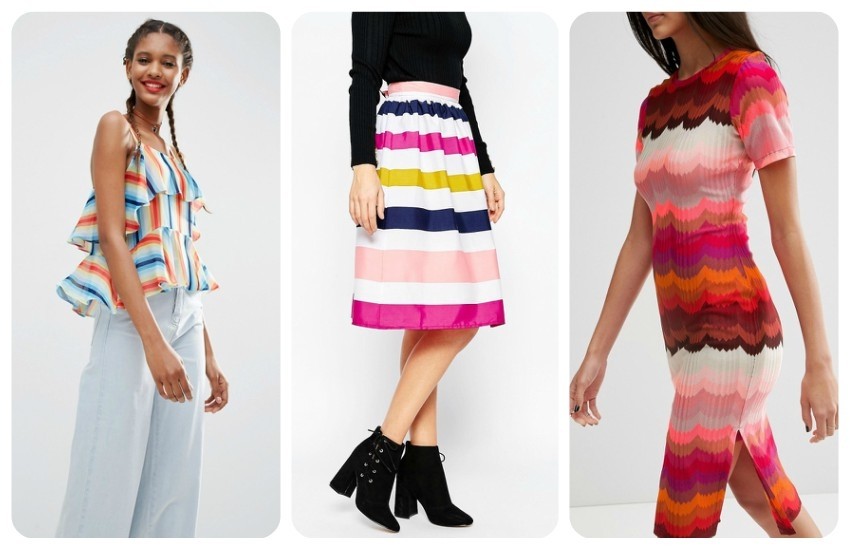 ASOS Tiered Cami In Rainbow Stripe $46.00 / Brave Soul Rainbow Stripe Midi Skirt $25.00 / ASOS Rainbow Bright Pencil Dress $65.00